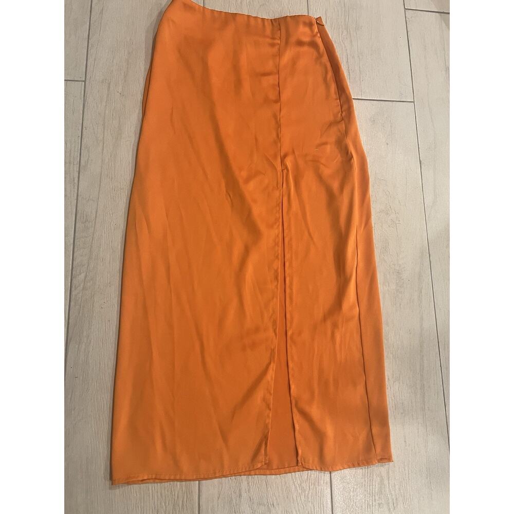 Fore Bright Orange Satin Midi Skirt With Side Slit Zip Closure Size Xs
